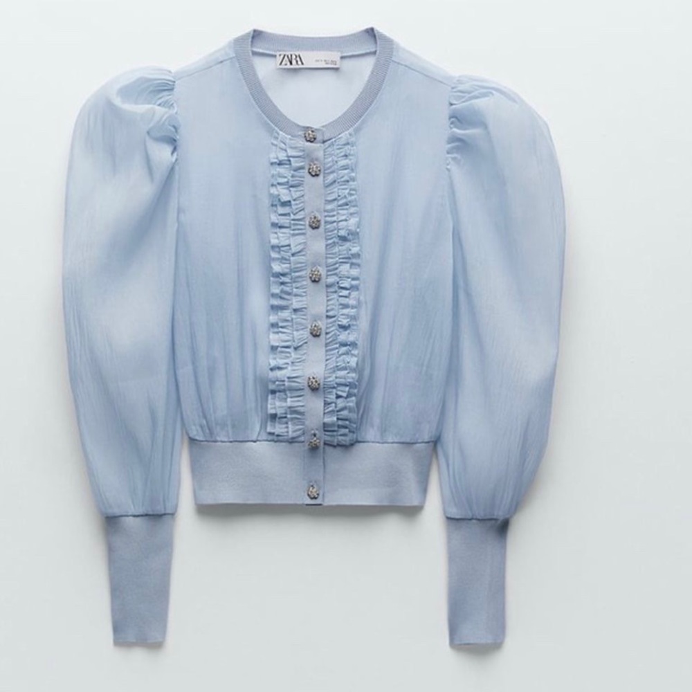 Zara Baby Blue Knit Organza Sheer Jacket 💙